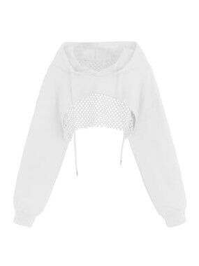 Women's Cropped Fishnet Hoodie Long Sleeve Pullover Streetwear Top